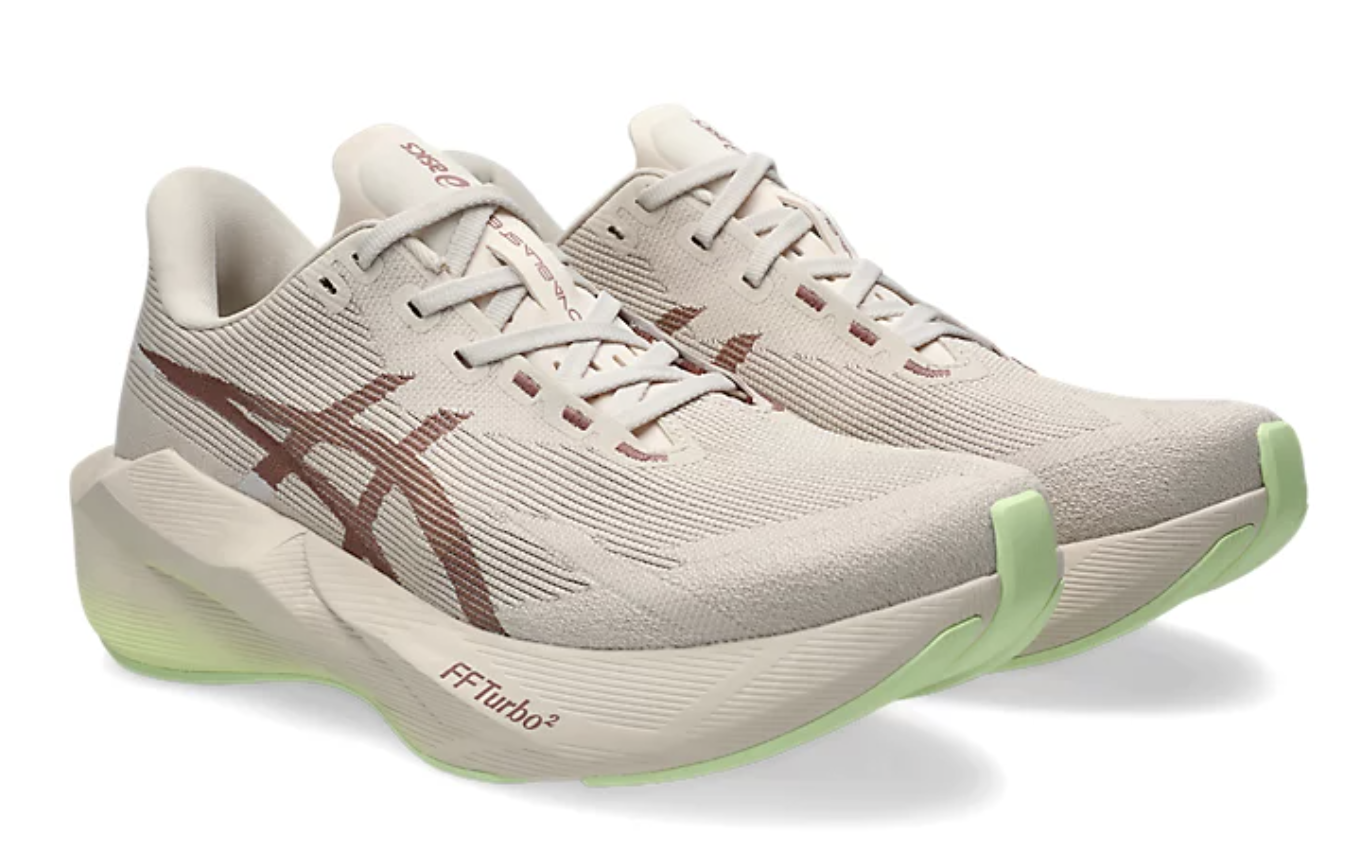Pair of ASICS Novablast 6 running shoes in cream, rose and pale green