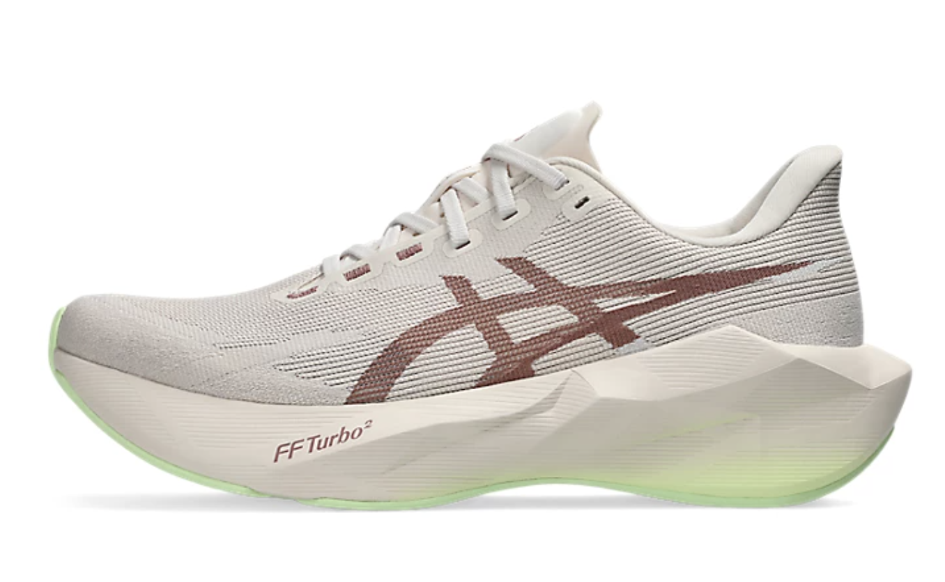Side view of an ASICS Novablast 6 running shoe in cream, rose and pale green