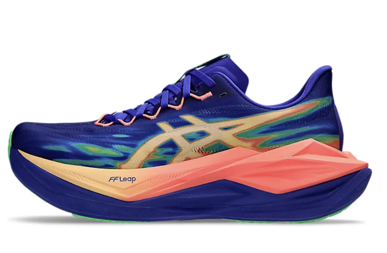 ASICS Superblast 3 running shoe in blue, coral and green