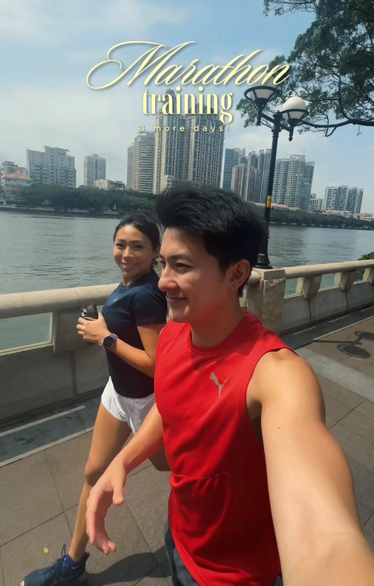 Edwin Goh and Rachel Wan running side by side on a waterfront path